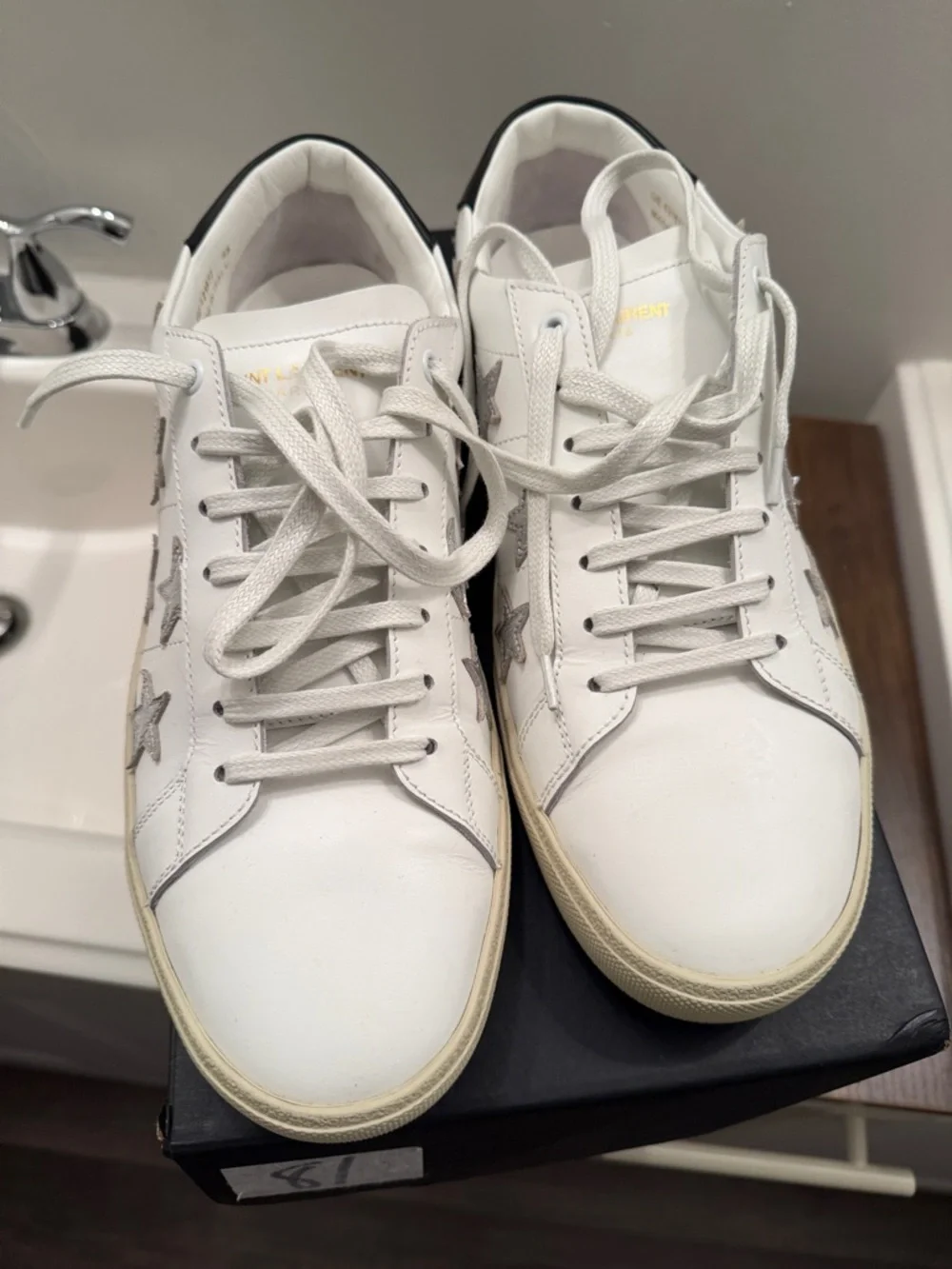 Saint Laurent White Leather Sneakers with Silver Star Accent - Picture 2 of 10